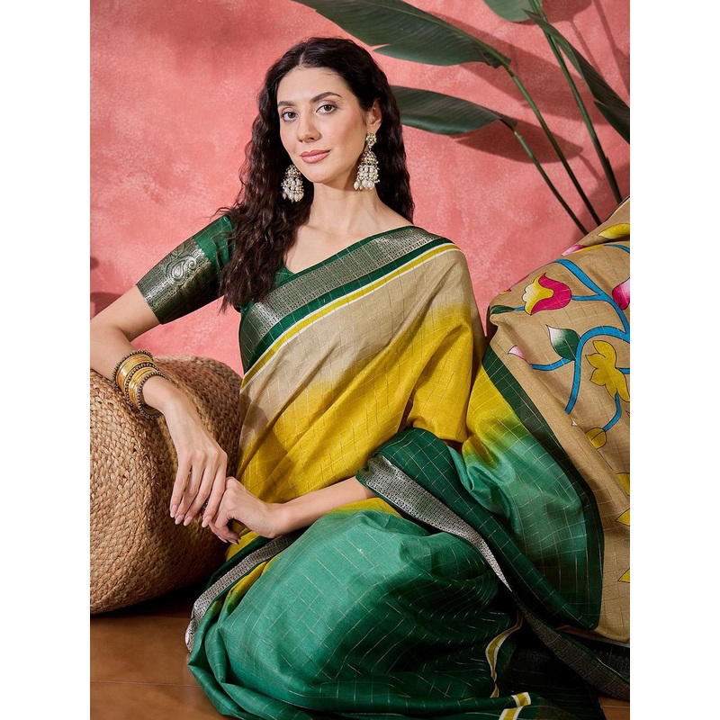 Sangria Checked Ombre Zari Saree With Unstitched Blouse