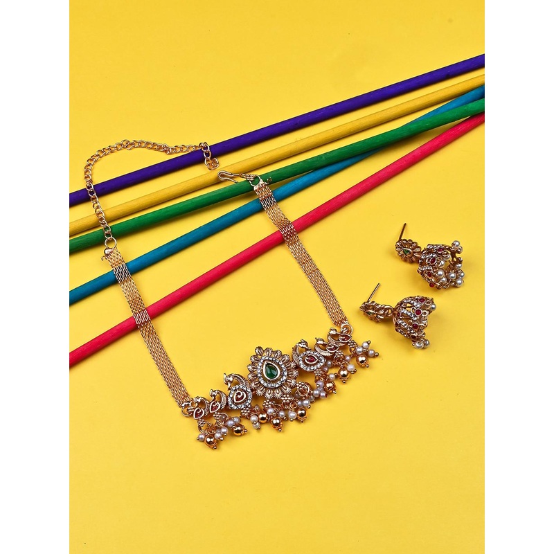 StileAdda Gold-Plated Stone-Studded & Beaded Temple Jewellery Set