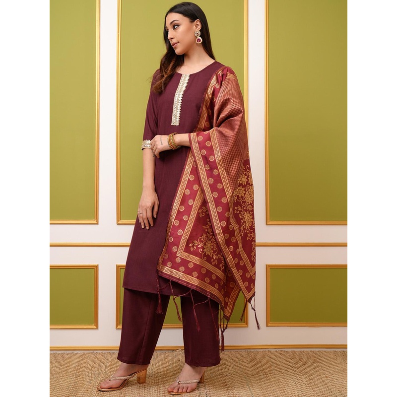 Vishudh Burgundy Yoke Design Thread Work Straight Kurta & Palazzos With Dupatta