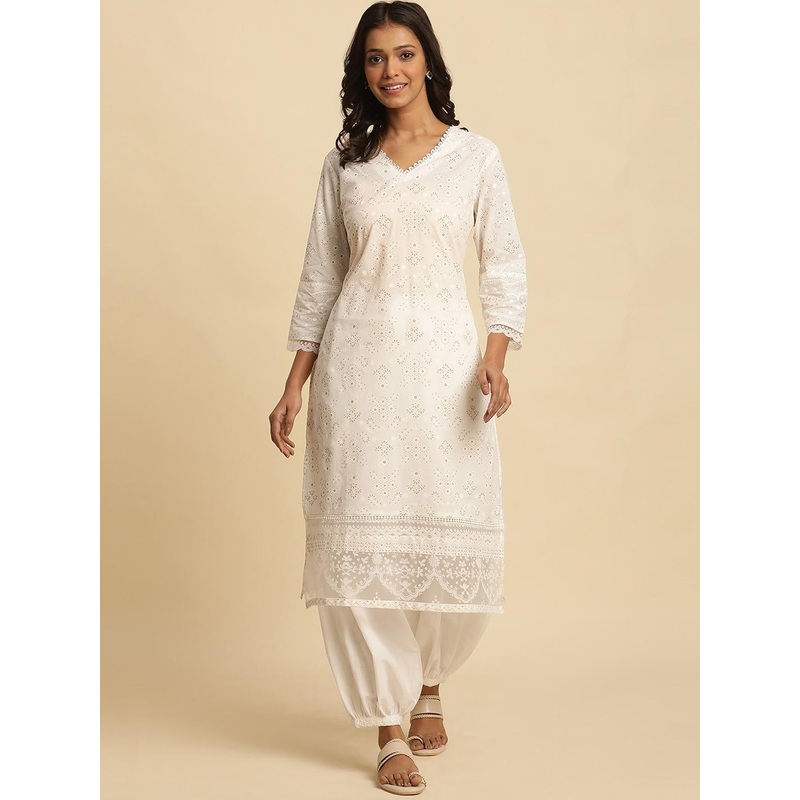 W Floral Printed V-Neck Cotton Kurta