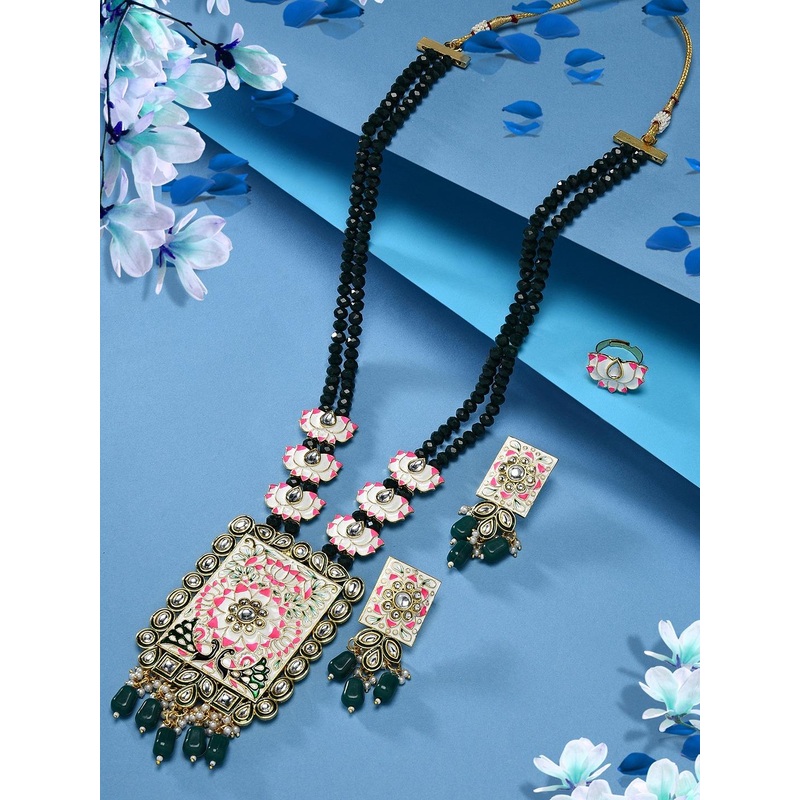 Zaveri Pearls Gold-Plated Peacock Lotus Meenakari Necklace & Earring With Ring Set