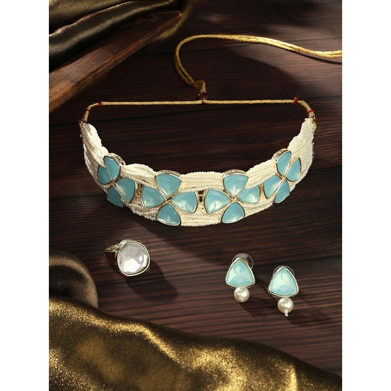 Zaveri Pearls Gold-Plated Stones Studded & Beaded Necklace With Earrings & Finger Ring