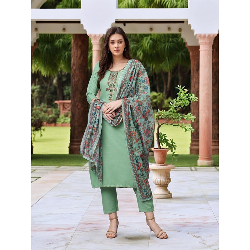 Aaghnya Floral Yoke Design Round Neck Thread Work Straight Kurta With Trousers & Dupatta