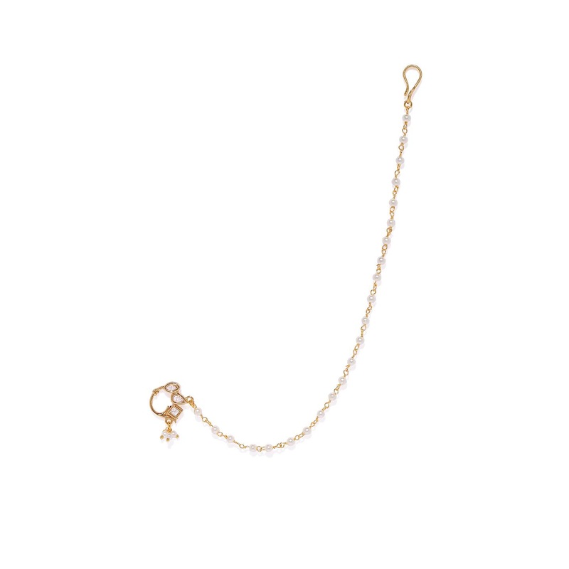 AccessHer Gold-Plated Vilandi Kundan Stone and Pearl-Studded Chained Nose Ring