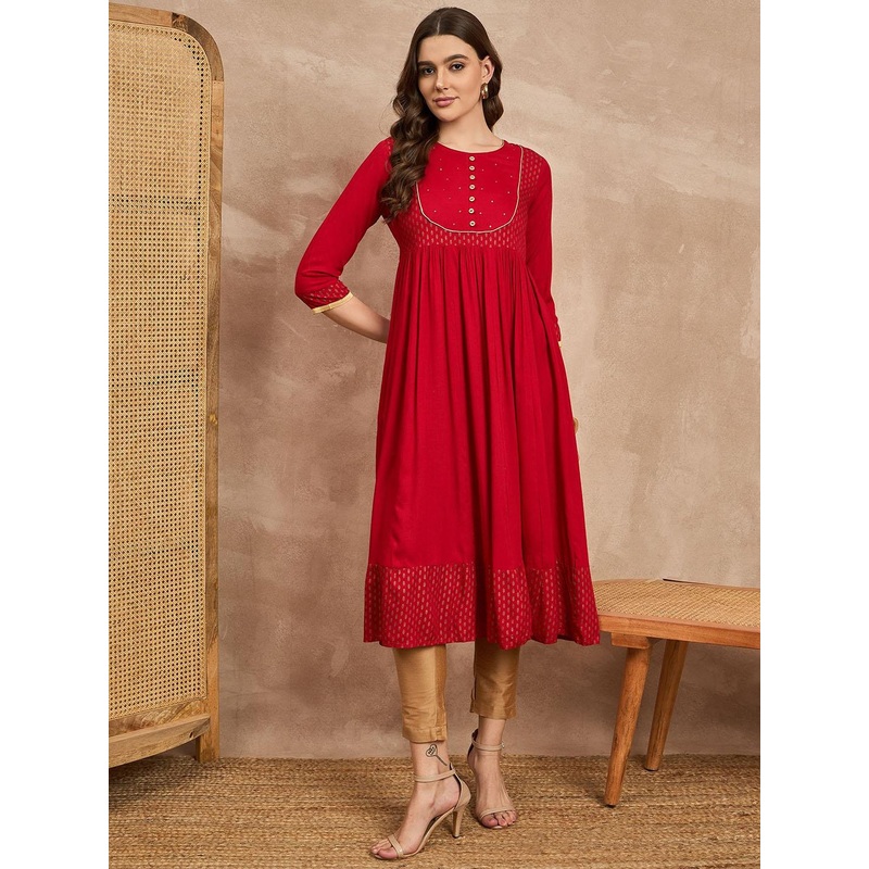 all about you Maroon Floral Yoke Design Pleated Anarkali Kurta