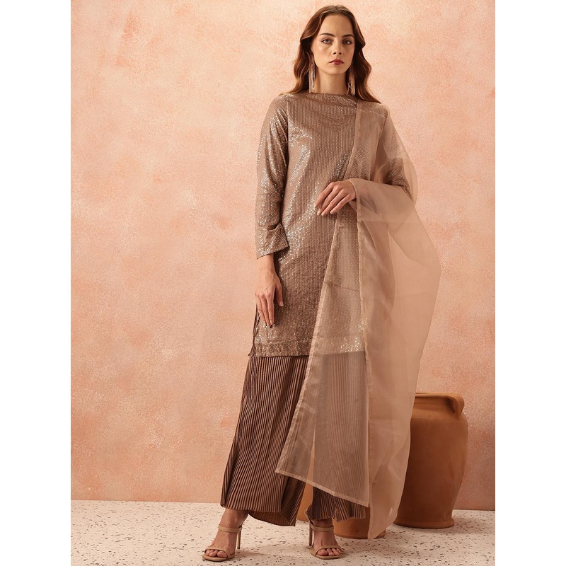 all about you Sequined Detailed Straight Kurta With Palazzo & Dupatta