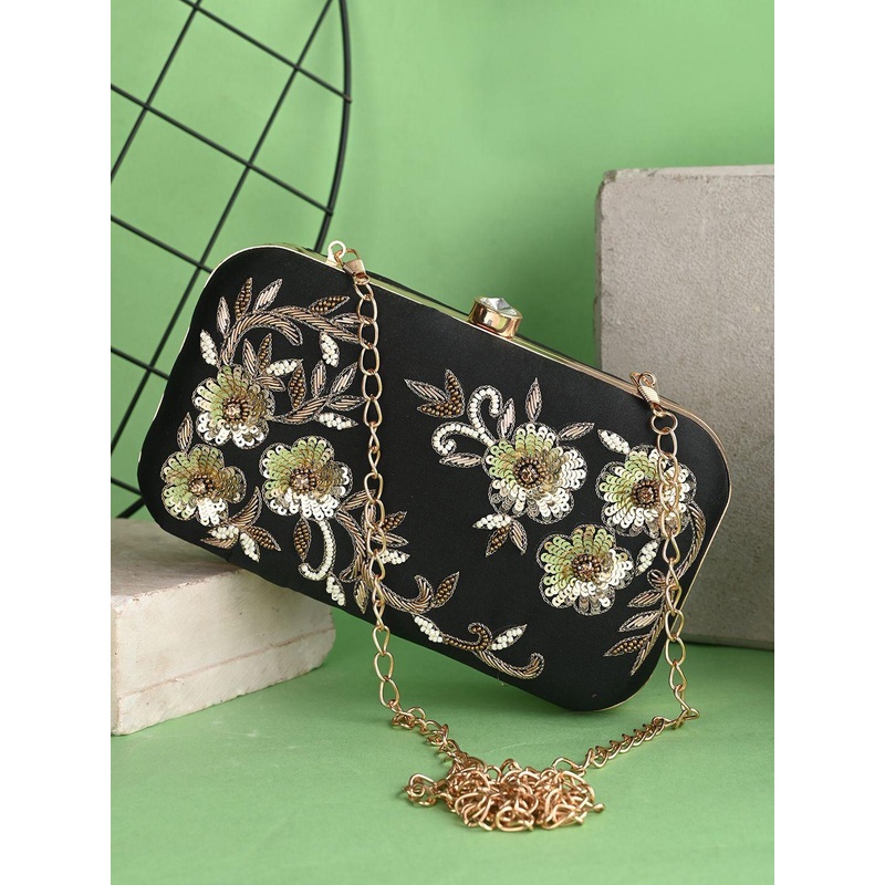 Anouk Black Embroidered Box Clutch