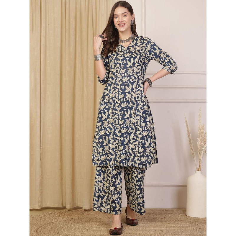 Anouk Blue Floral printed Notch-Neck Pure Cotton Kurta With Palazzos