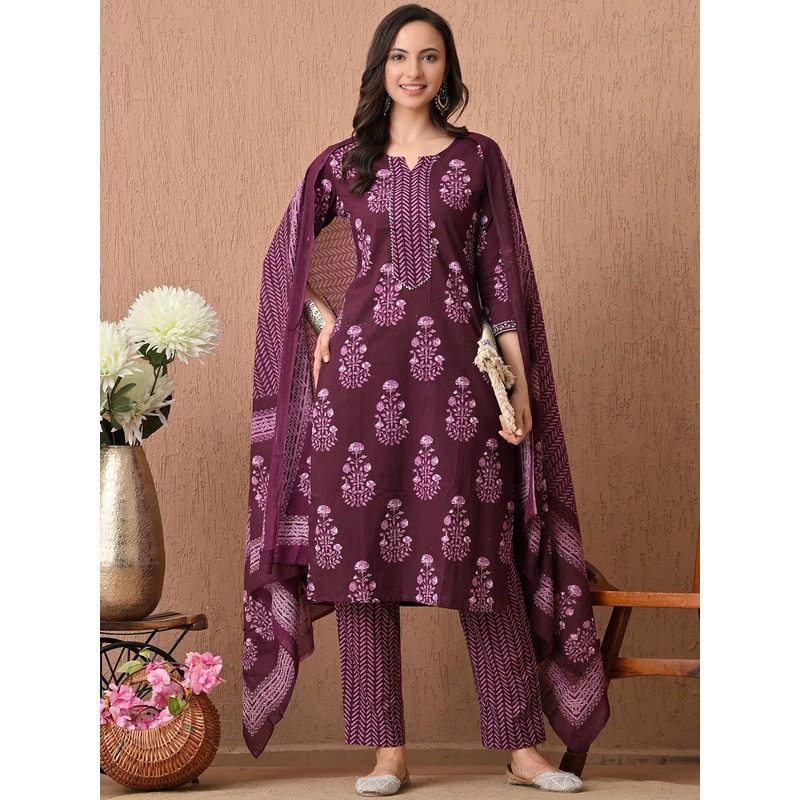 Anouk Rustic Ethnic Motifs Printed Notch Neck Pure Cotton Kurta With Trousers & Dupatta