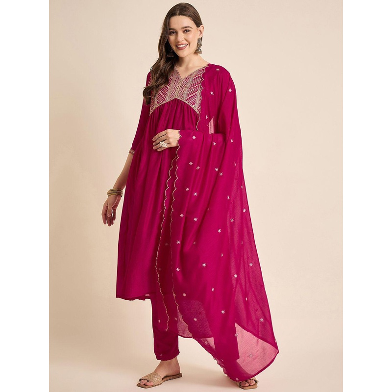 Anouk Rustic Floral Embroidered Yoke Design Sequinned Kurta With Trousers And Dupatta