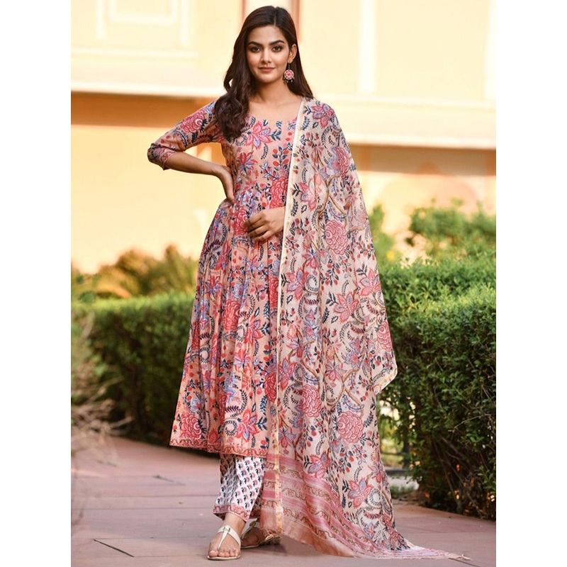Anouk Rustic Floral Printed Round Neck Pleated Anarkali Kurta With Trousers & Dupatta