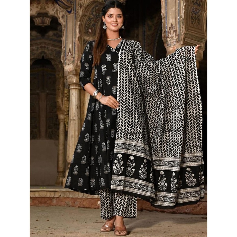 Anouk Rustic Floral Printed V-Neck Angrakha Anarkali Kurta With Trousers & Dupatta