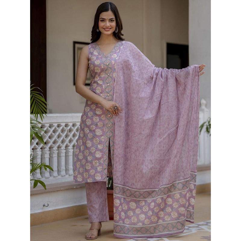 Anouk Rustic Women Floral Printed Front Slit Pure Cotton Kurta with Trousers & Dupatta