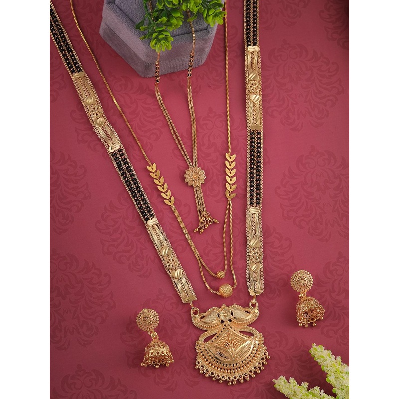 Anouk Set Of 3 Gold-Plated Stone-Studded & Beaded Mangalsutra With Earrings