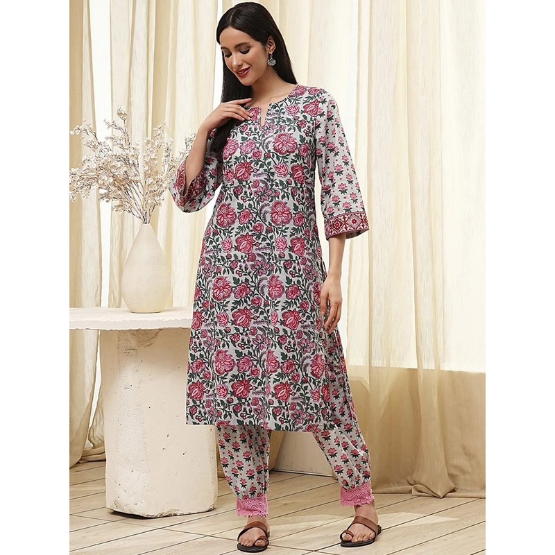 Biba Floral Printed Notch Neck Pure Cotton Straight Kurta With Trousers