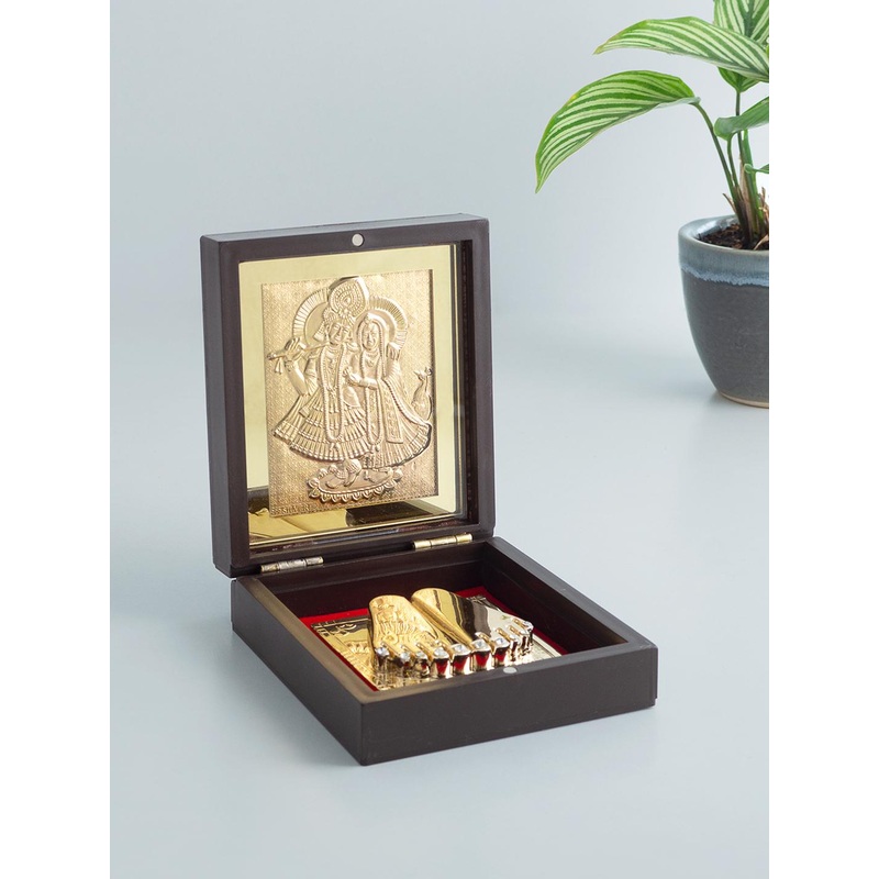 Golden Peacock Brown & Gold-Toned 24 Ct Gold Foil Radhakrishna Pooja Box