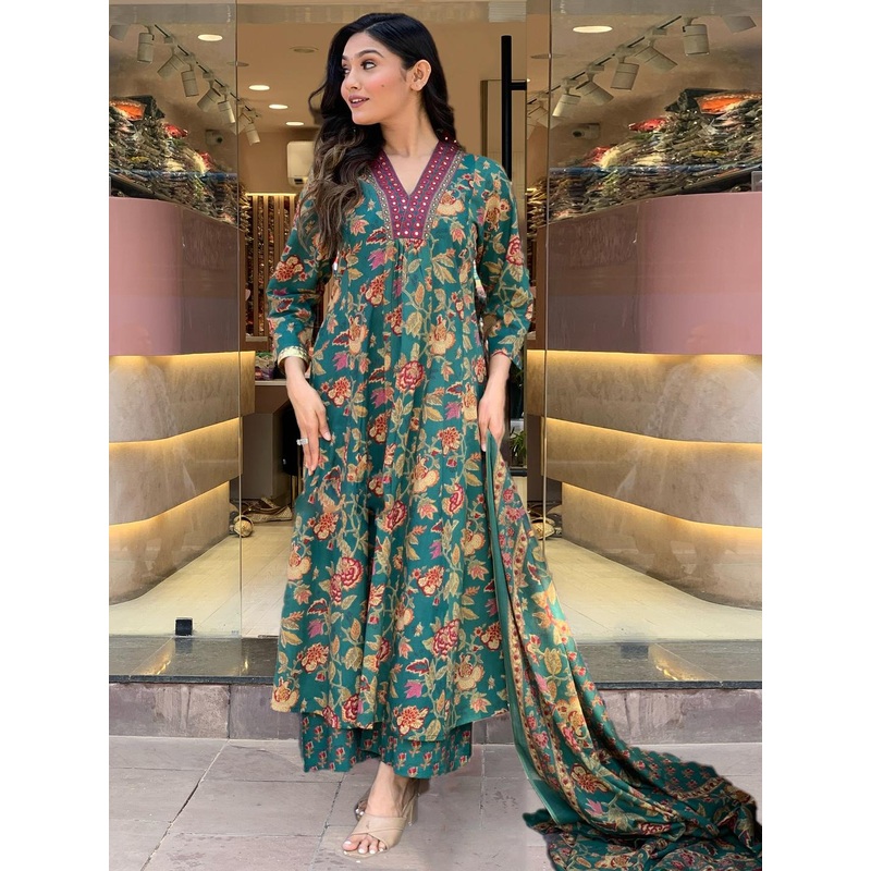 GoSriKi Cia Floral Printed V-Neck Panelled Anarkali Kurta With Palazzos & Dupatta