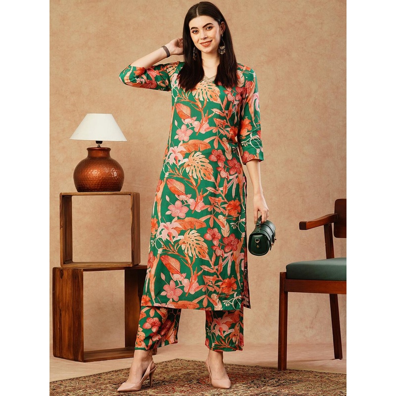 GoSriKi Floral Printed Thread Work Regular Straight Kurta With Palazzos