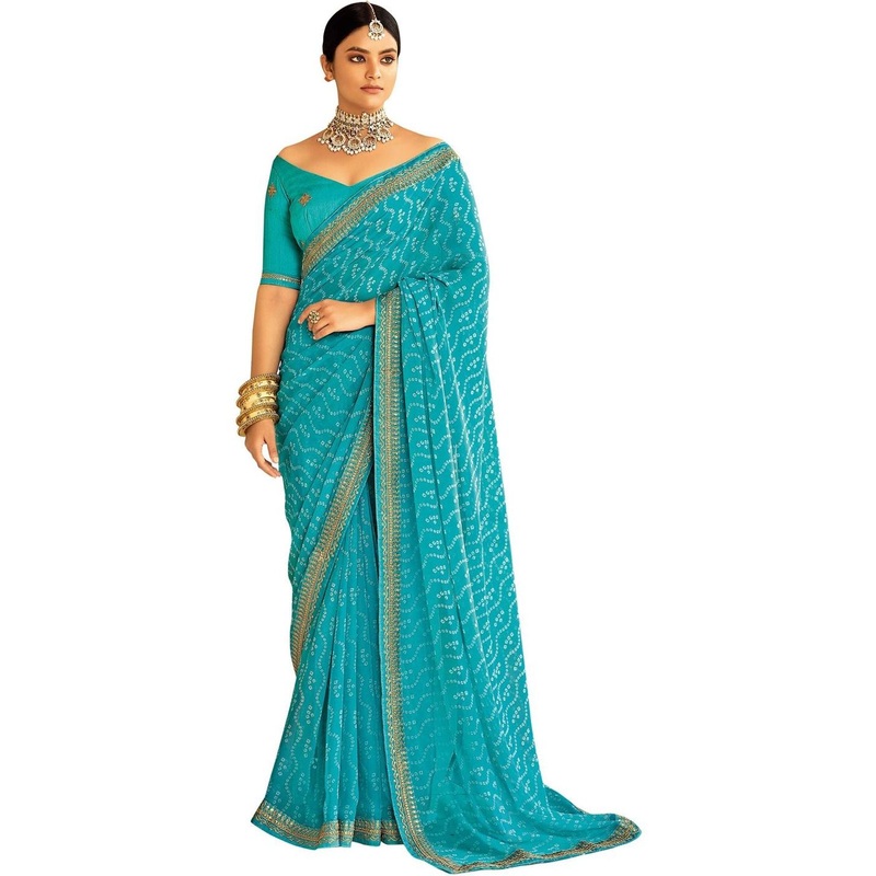 HERE&NOW Bandhani Printed Embroidered Work Saree With Blouse