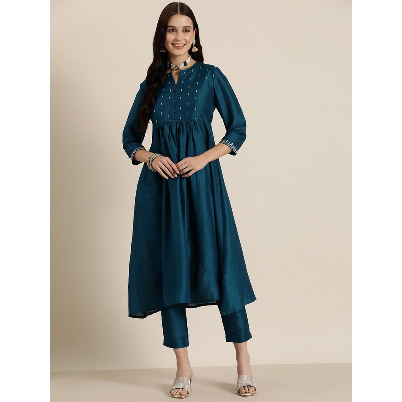 HERE&NOW Teal Ethnic Motifs Yoke Design Thread Work Kurta