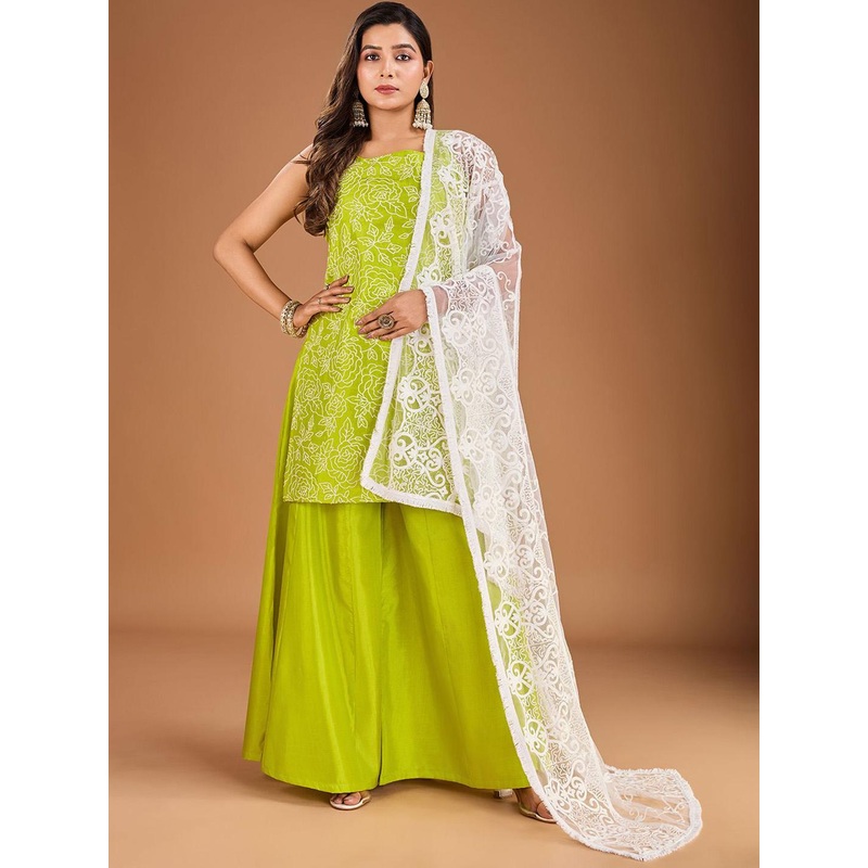 House of Pataudi Floral Embroidered Sleeveless Straight Kurta With Palazzo & Dupatta
