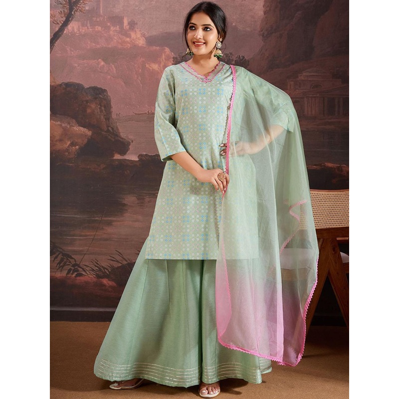 House of Pataudi Floral Printed Straight Kurta & Sharara with Dupatta