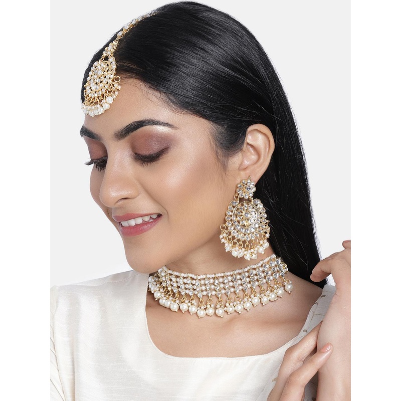 I Jewels White Gold-Plated Pearl Embellished Choker Jewellery Set