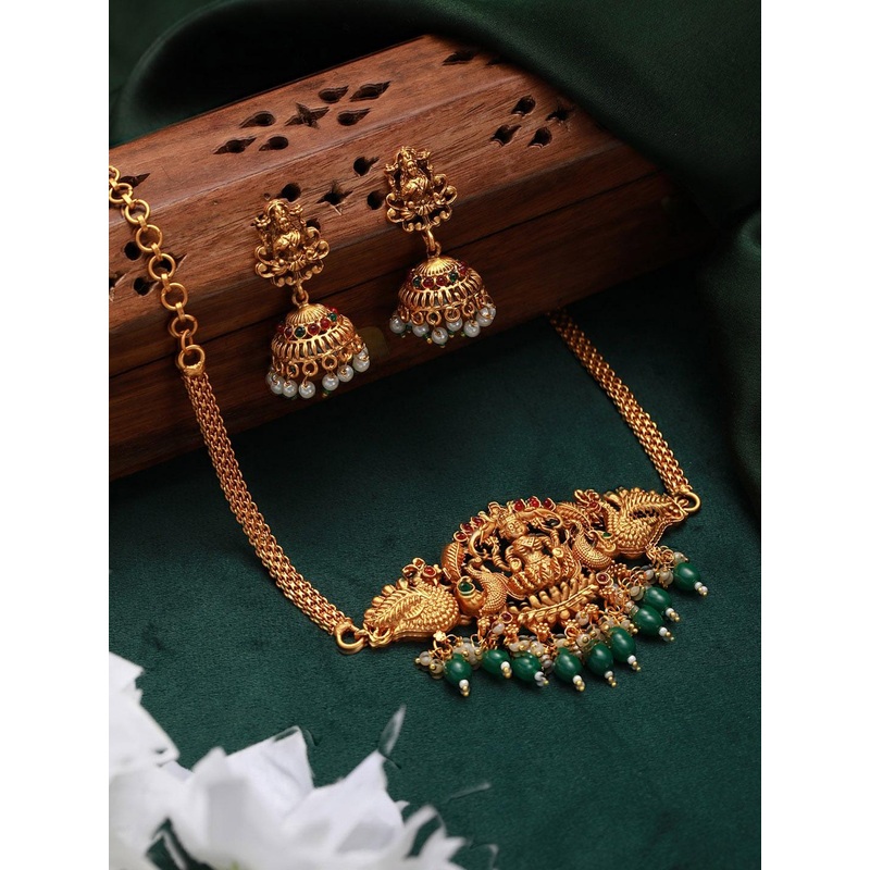 Jazz and Sizzle Gold-Plated Stone-Studded & Beaded Lakshmi Temple Jewellery Set