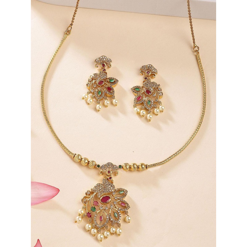 KARATCART Gold-Plated Peacock-Shaped Temple Necklace With Earring Set