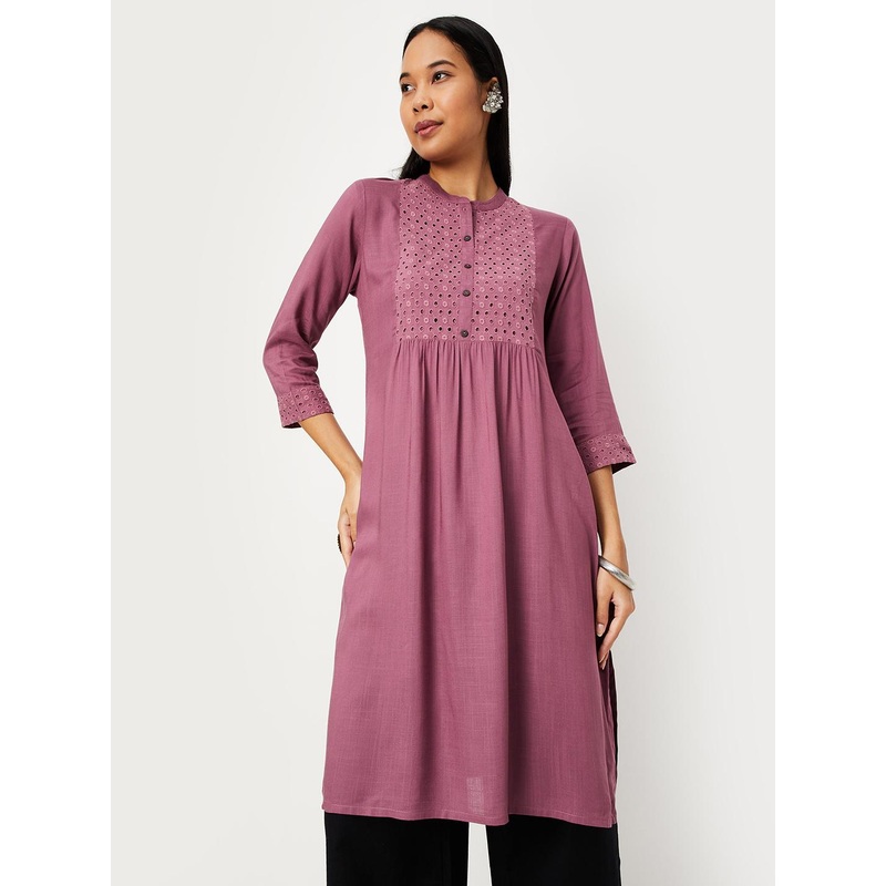 max Women Pink & White Ethnic Motifs Kurta