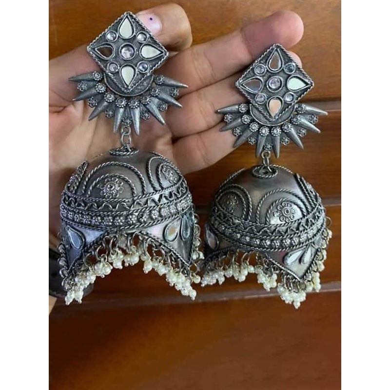 Sangria Artificial Studded & Beaded Oxidised Dome Shaped Jhumkas