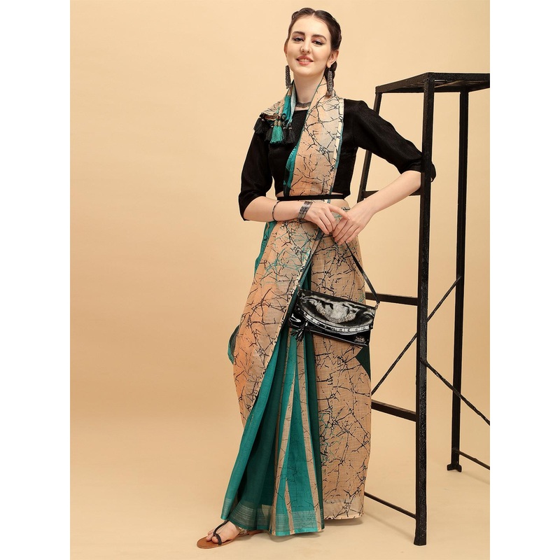 Sangria Beige & Green Tie and Dye Pure Linen Half and Half Saree