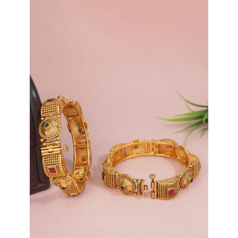 SGA FASHION Set Of 2 Gold-Plated AD Studded Antique Bangles