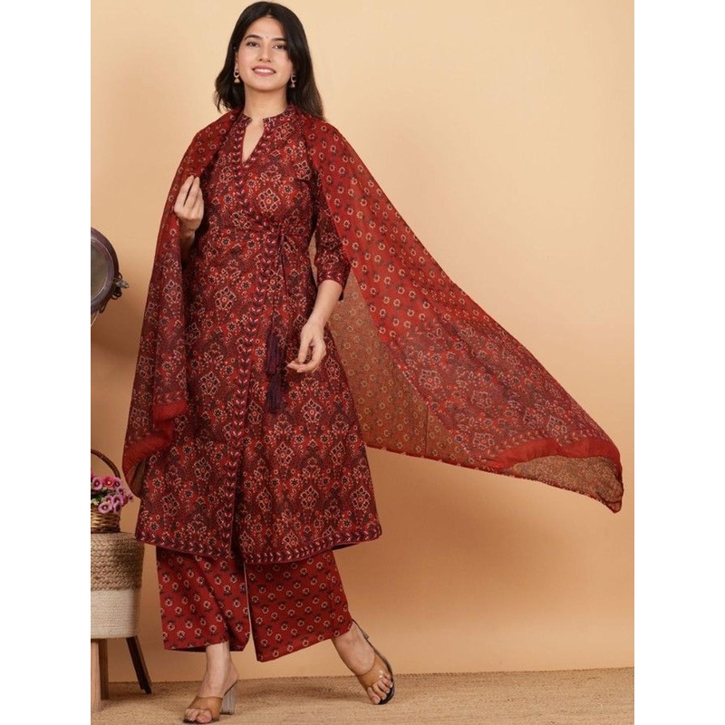 SZN Women Ethnic Motifs Printed Angrakha Pure Cotton Kurta with Palazzos & With Dupatta