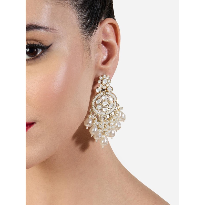 Zaveri Pearls Gold-Plated Artificial Stones Studded & Beaded Floral Shaped Drop Earrings