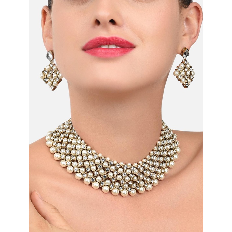 Zaveri Pearls Gold-Toned & White Austrian Diamonds & Pearls Jewellery Set