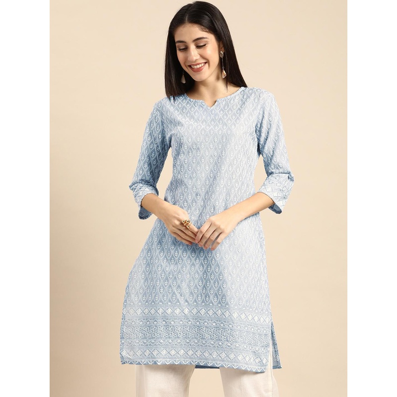 all about you Women Grey & White Ethnic Motifs Embroidered Chikankari Kurta