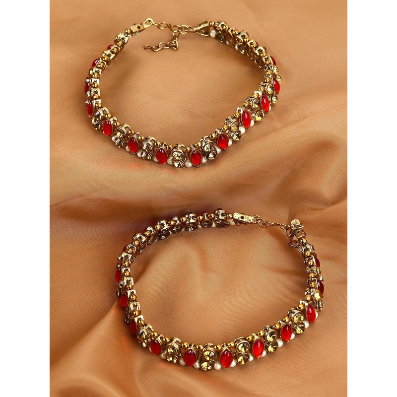 ANIKAS CREATION Set Of 2 Red & White Kundan-Studded & Pearl Beaded Handcrafted Anklets