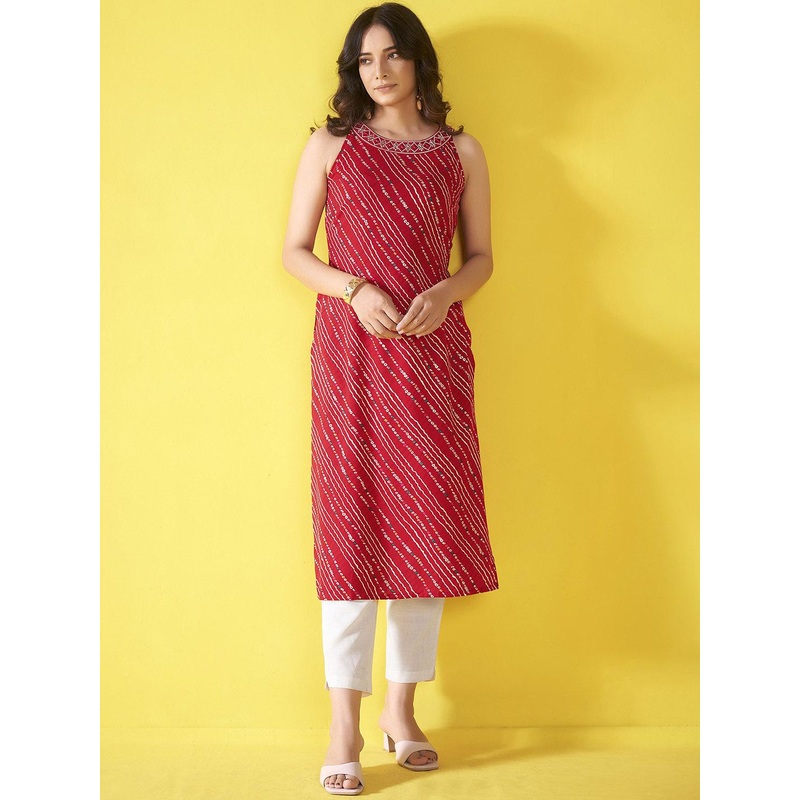 Anouk Bandhani Printed Thread Work Boat Neck Straight Kurta