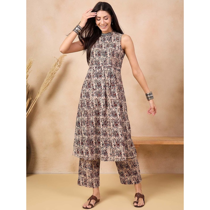 Anouk Beige Kalamkari Printed Halter Neck Pure Cotton A-Line Kurta With Palazzos