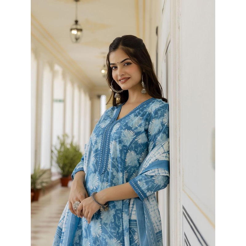 Anouk Blue Floral Embroidered Thread Work Pure Cotton A-Line Kurta With Pyjamas & Dupatta