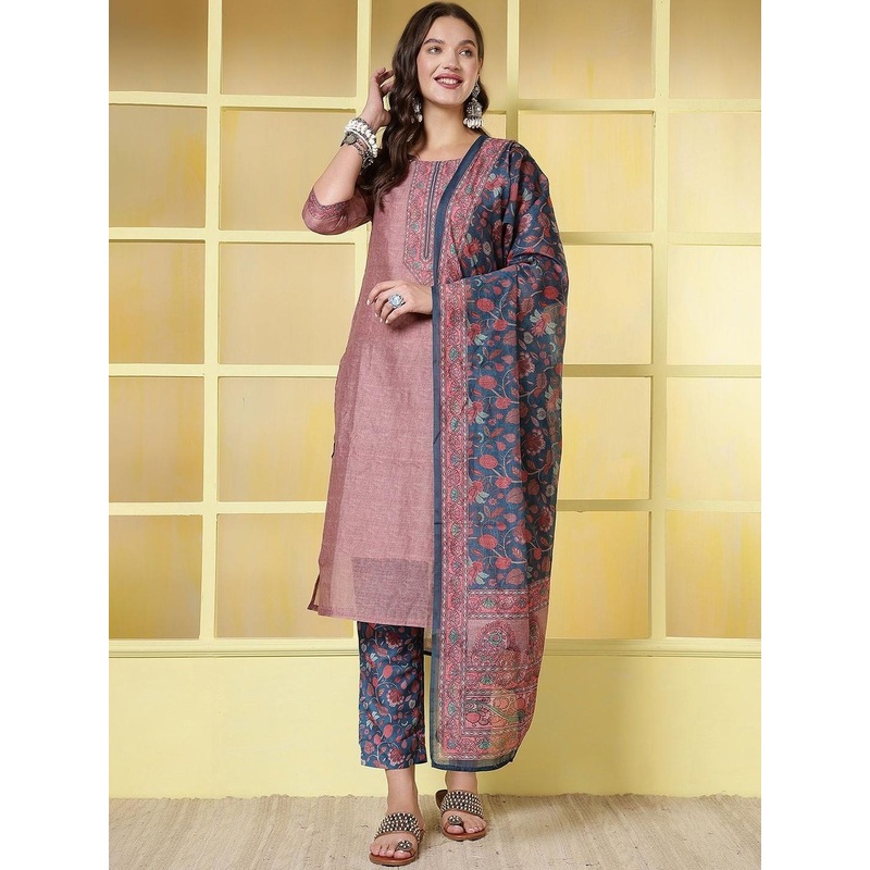 Anouk Rustic  Women Floral Embroidered Regular Thread Work Kurta with Trousers & With Dupatta