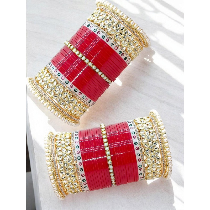 BeautyTrends Set Of 62 Gold-Plated Kundan-Studded & Beaded Dulhan Chuda Bangles