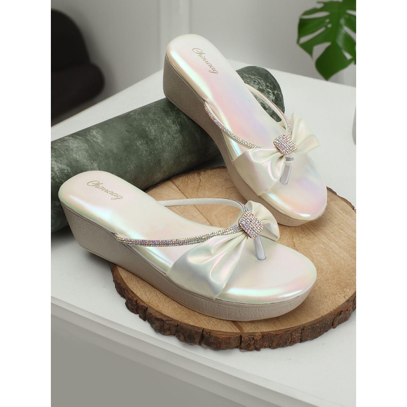 CHINRAAG Colourblocked Open Toe Bows Wedge Sandals Heels