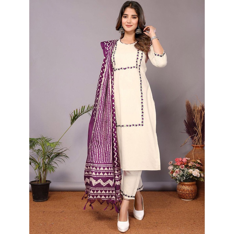 DIVASTRI Women Floral Embroidered Regular Pure Cotton Kurta with Trousers & With Dupatta