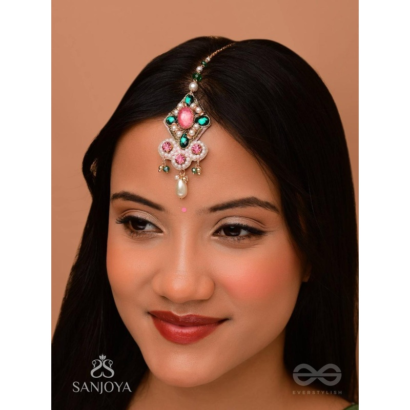 EVERSTYLISH Sanjoya Stone, Beads & Pearls Embroidered Maangtika