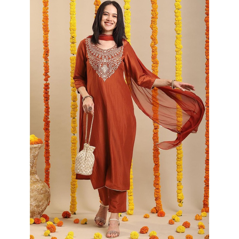 GoSriKi Women Embroidered Regular Thread Work Kurta with Trousers & With Dupatta