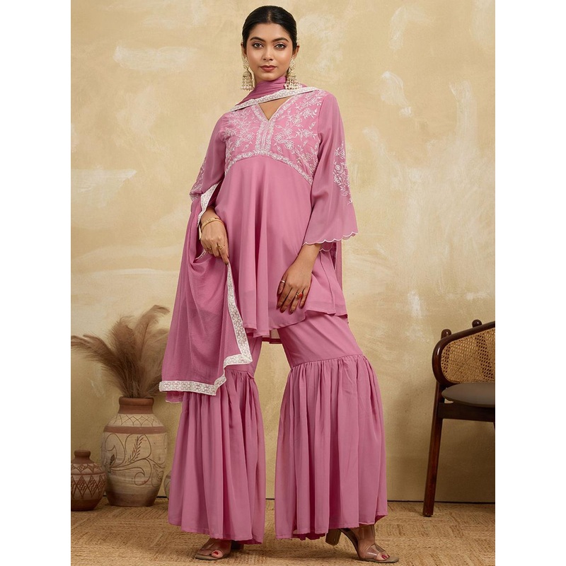 House of Pataudi Women Floral Embroidered A-Line Kurta with Sharara & Dupatta