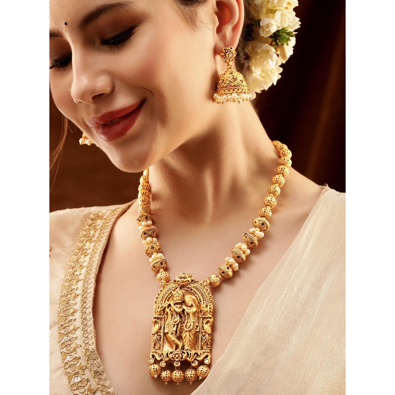 Rubans 22K Gold Plated Golden Beads & Pearl Drops Radha Krishna Temple Jewellery Set