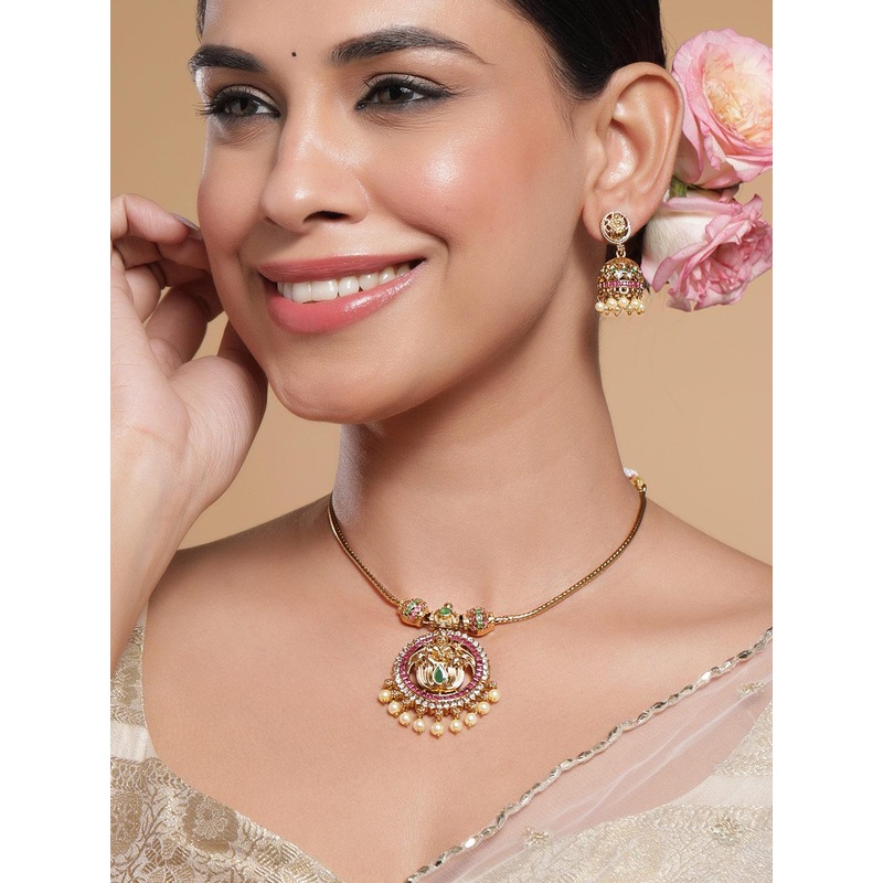 Rubans 22KT Gold-Plated Cubic Zirconia Studded Laxmi Temple Jewellery Set